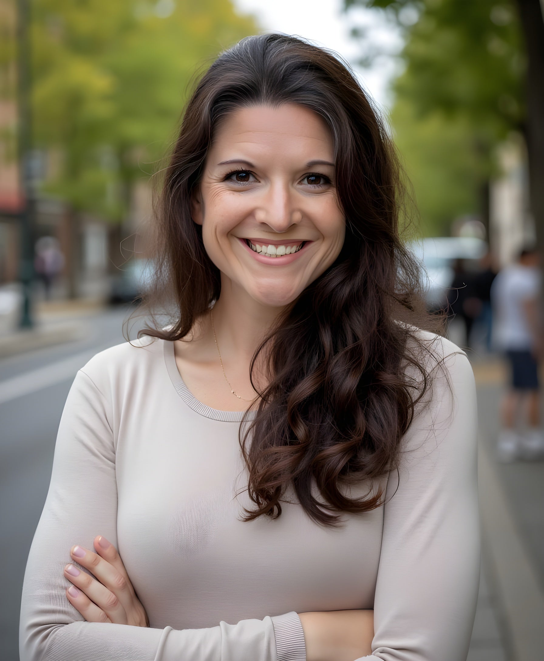 Woman with long dark hair smiling outdoors on a street