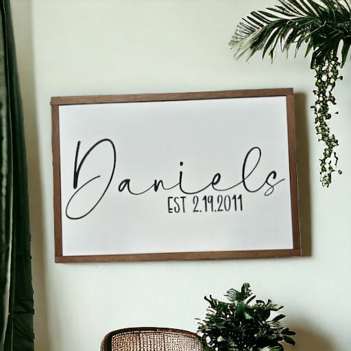 Last name home decor wedding sign with an est. date.