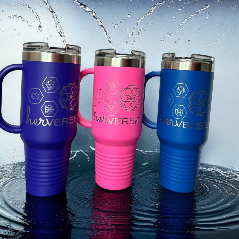 Sample engraved purple, pink and royal blue cup.