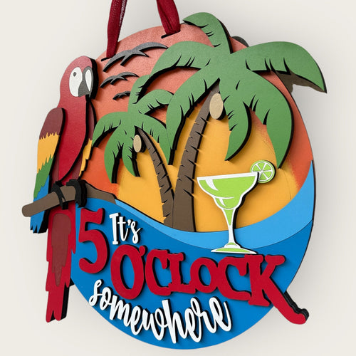 Showing the 3d layers of the 5 O'Clock Somewhere door sign.
