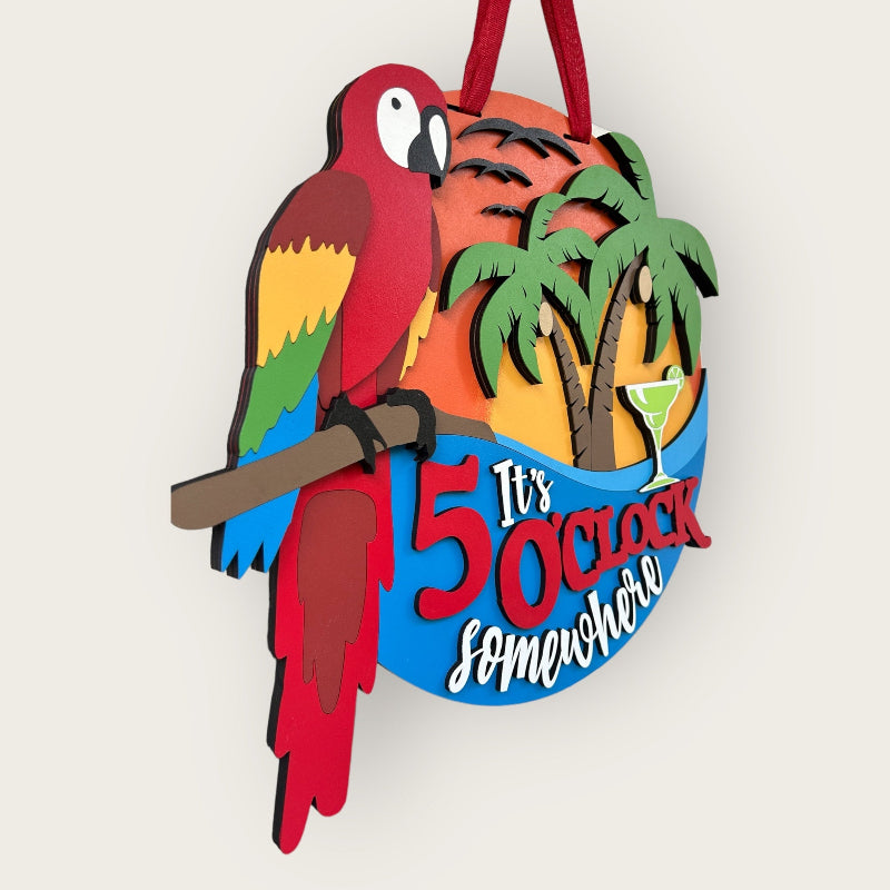 Showing the 3d layers of the 5 O'Clock Somewhere door sign.