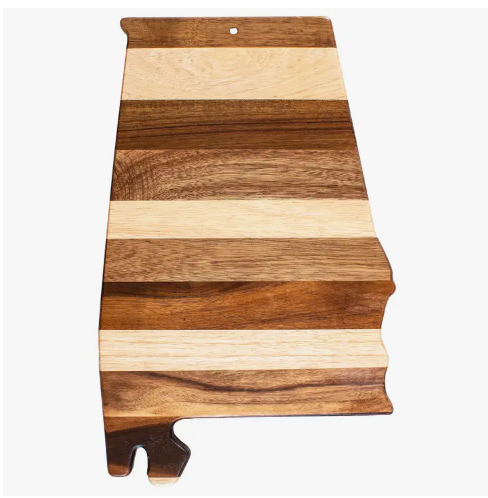 Shiplap wood cutting board in the shape of Alabama.