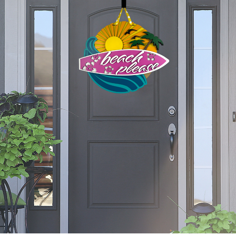 Surfboard Beach Please door sign hanging on a front door.