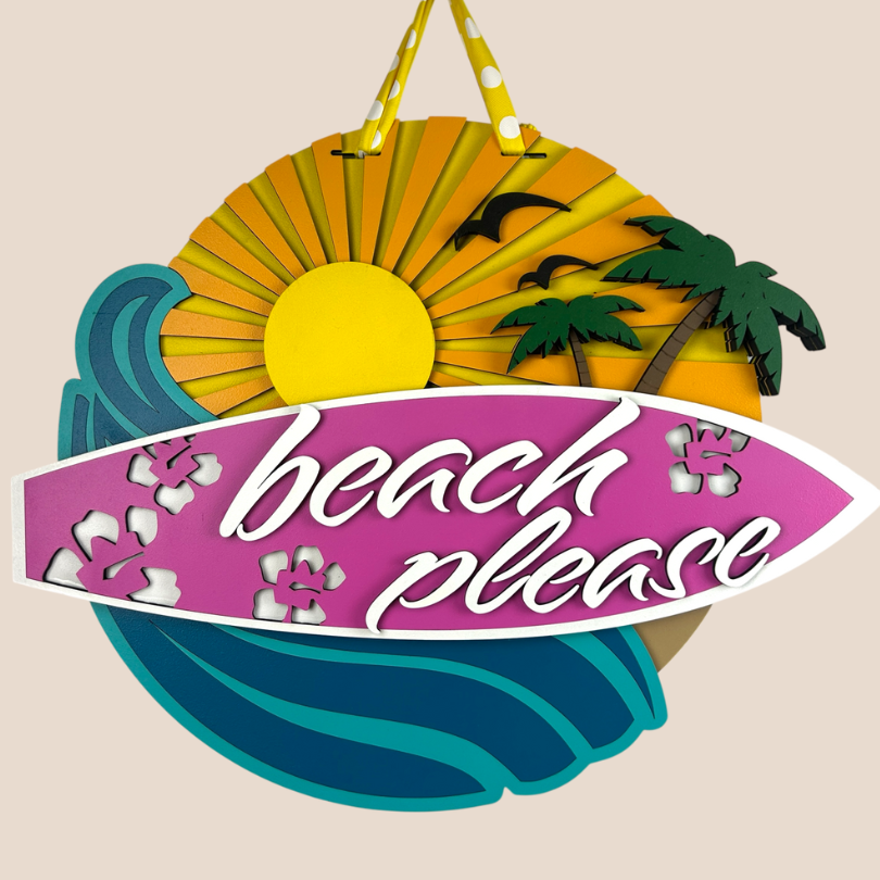 Summer door sign with a pin surfboard on top of a bright sun and beach waves.