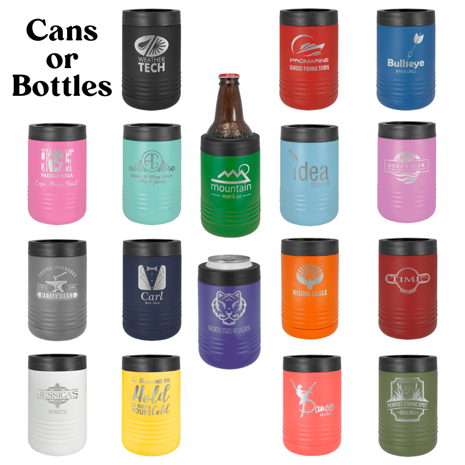Collection of insulated tumblers in various colors with different designs and text.