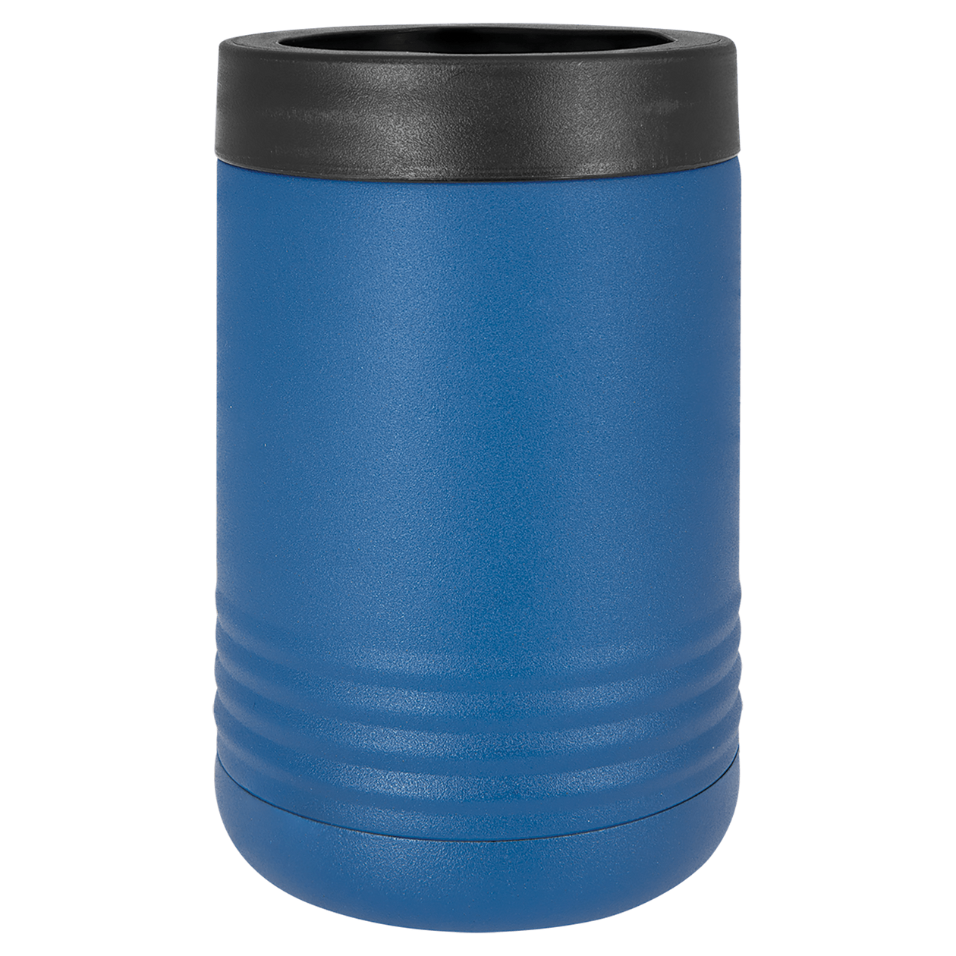 Blue can cooler with black lid on a white background