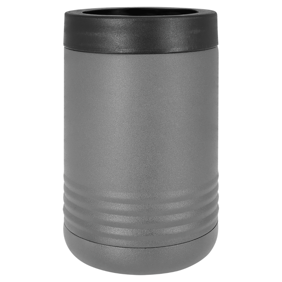 Gray cylindrical container with black lid on a white background