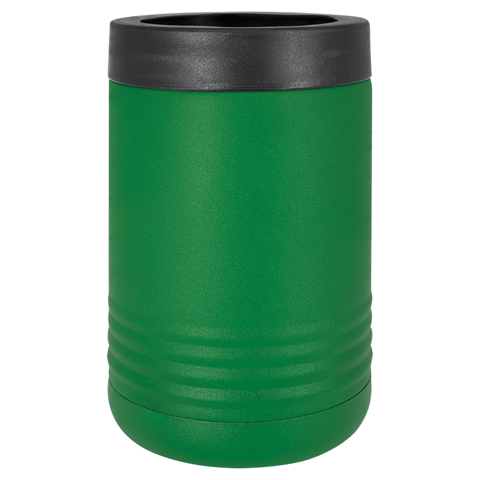 Green can cooler with black lid on a white background