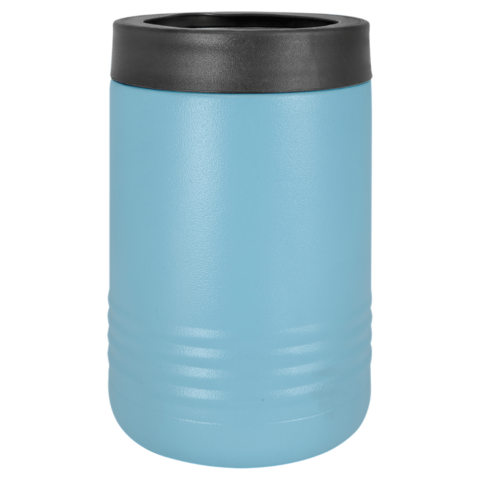 Light blue tumbler with a black lid on a white background