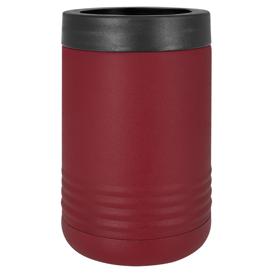 Red can cooler with black lid on a white background