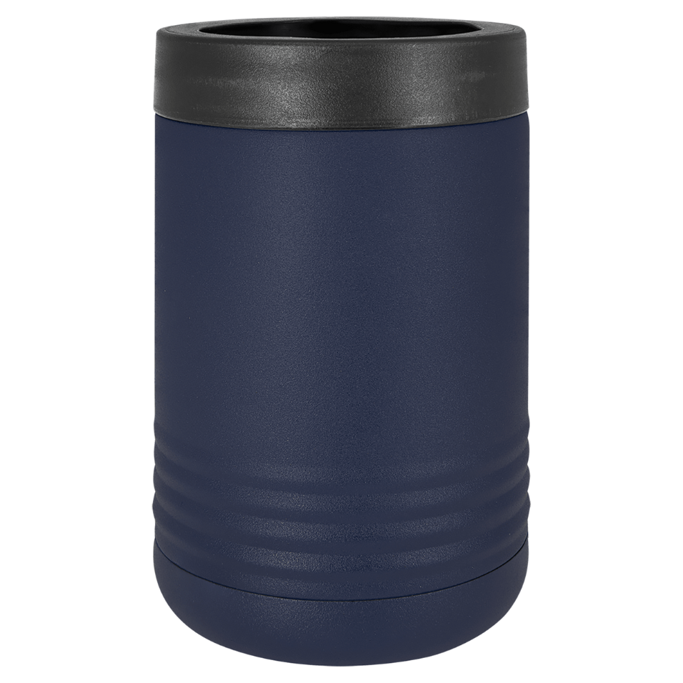 Navy blue can cooler with black lid on a white background