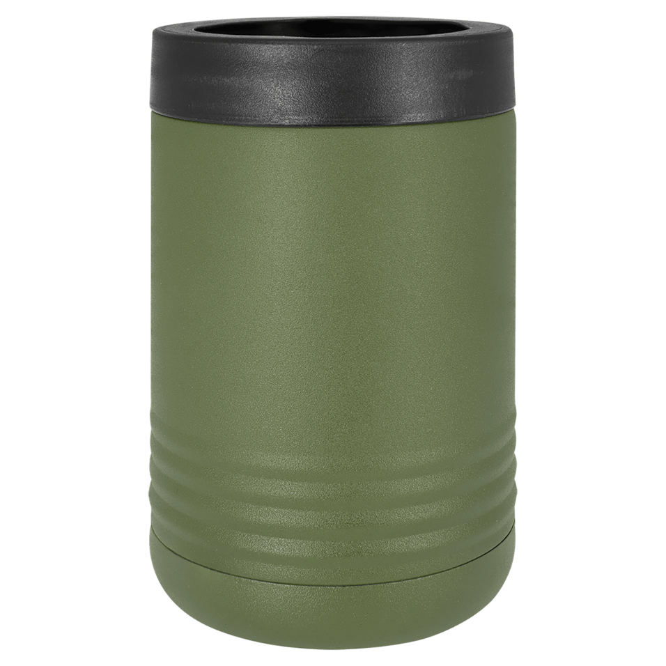 Green metal can cooler with black lid on a white background