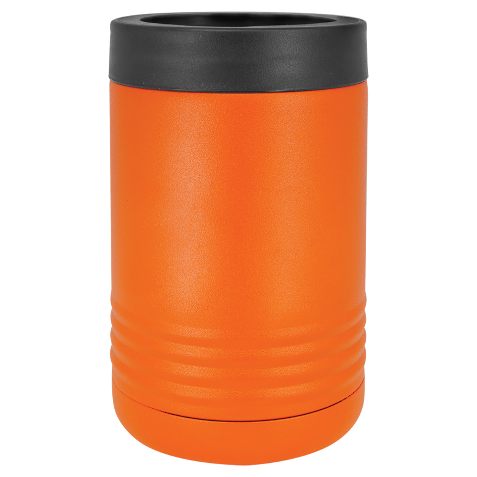 Orange can cooler with black lid on a white background