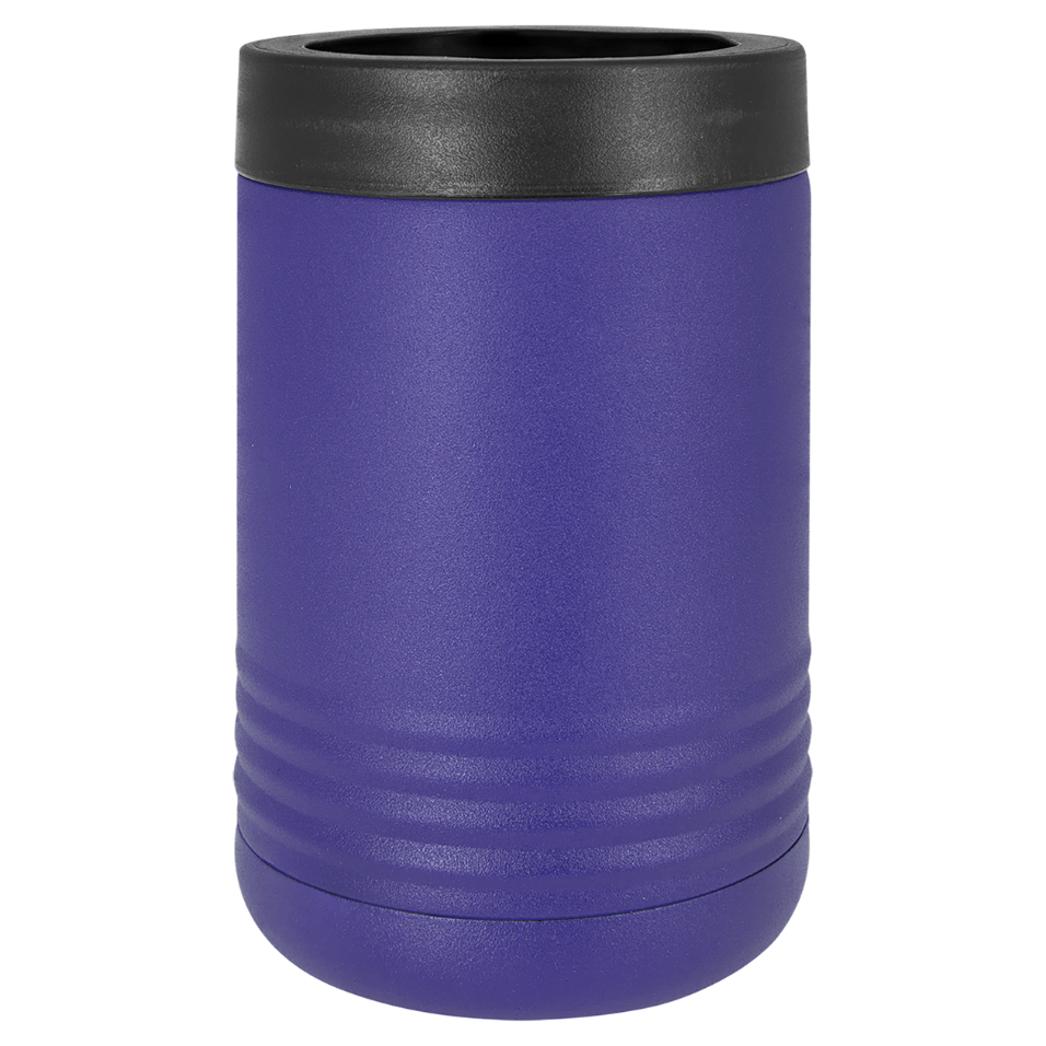 Purple can cooler with black lid on a white background