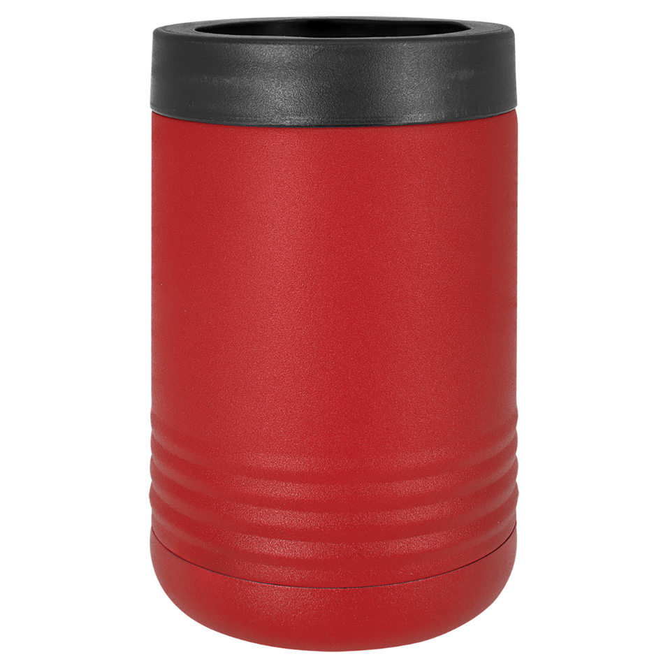 Red can cooler with black lid on a white background