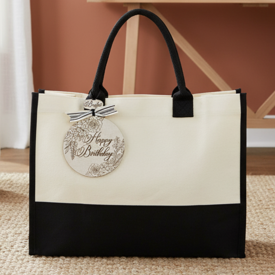 Black and white tote bag with a decorative tag on a carpeted floor.