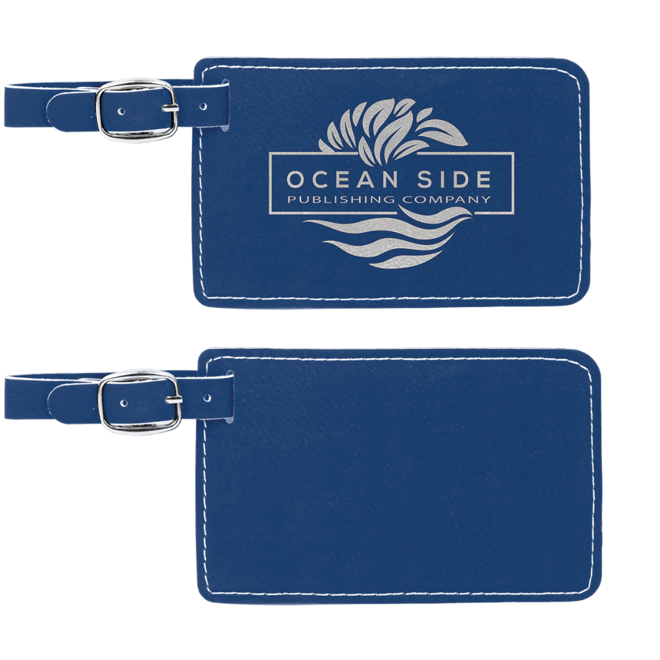 Two blue luggage tags with 'Ocean Side Publishing Company' logo on a white background