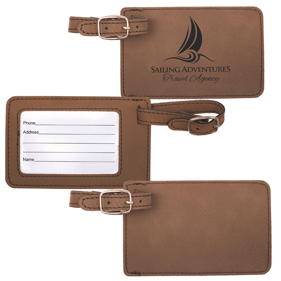 Brown leather luggage tag with buckle and name field on a white background
