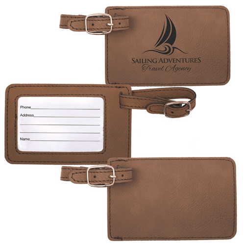 Brown leather luggage tag with buckle and name field on a white background
