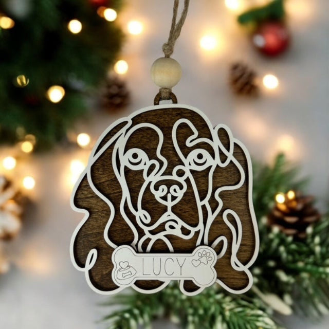 Adorable line art drawn dog ornament with a name.