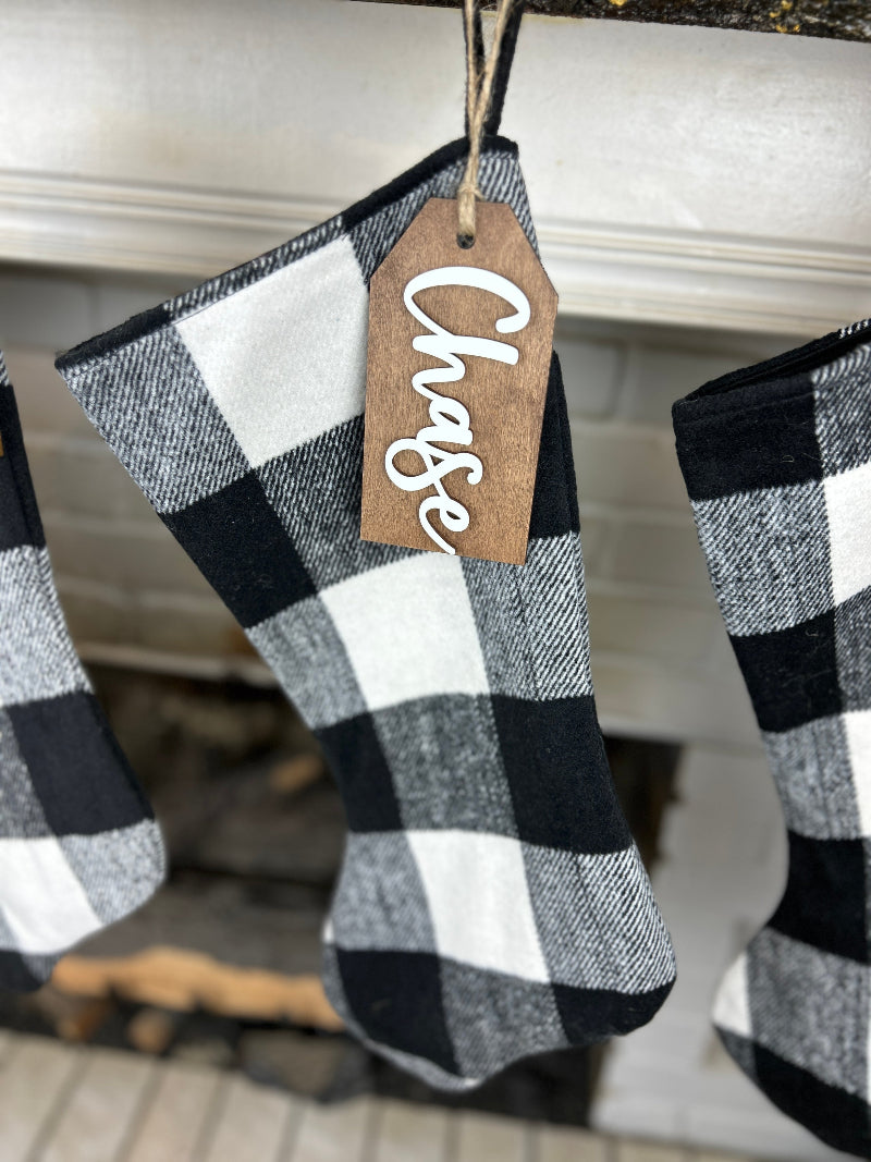 Close up of the stocking name tags.