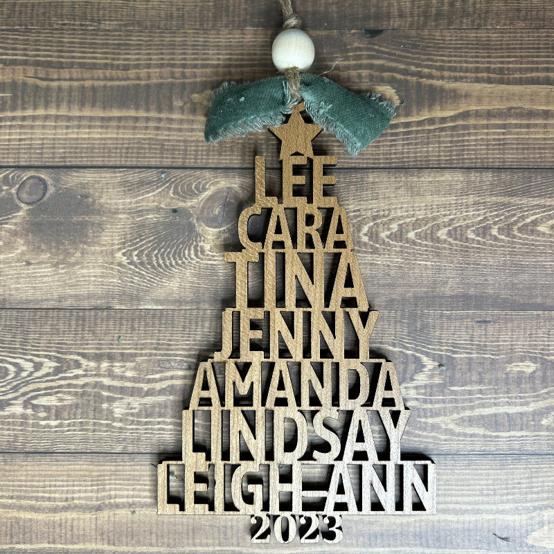 Beautiful ornament with family names in the shape of a Christmas tree.