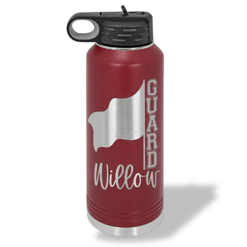 Maroon water bottle with 'Guard Willow' text and logo on a white background