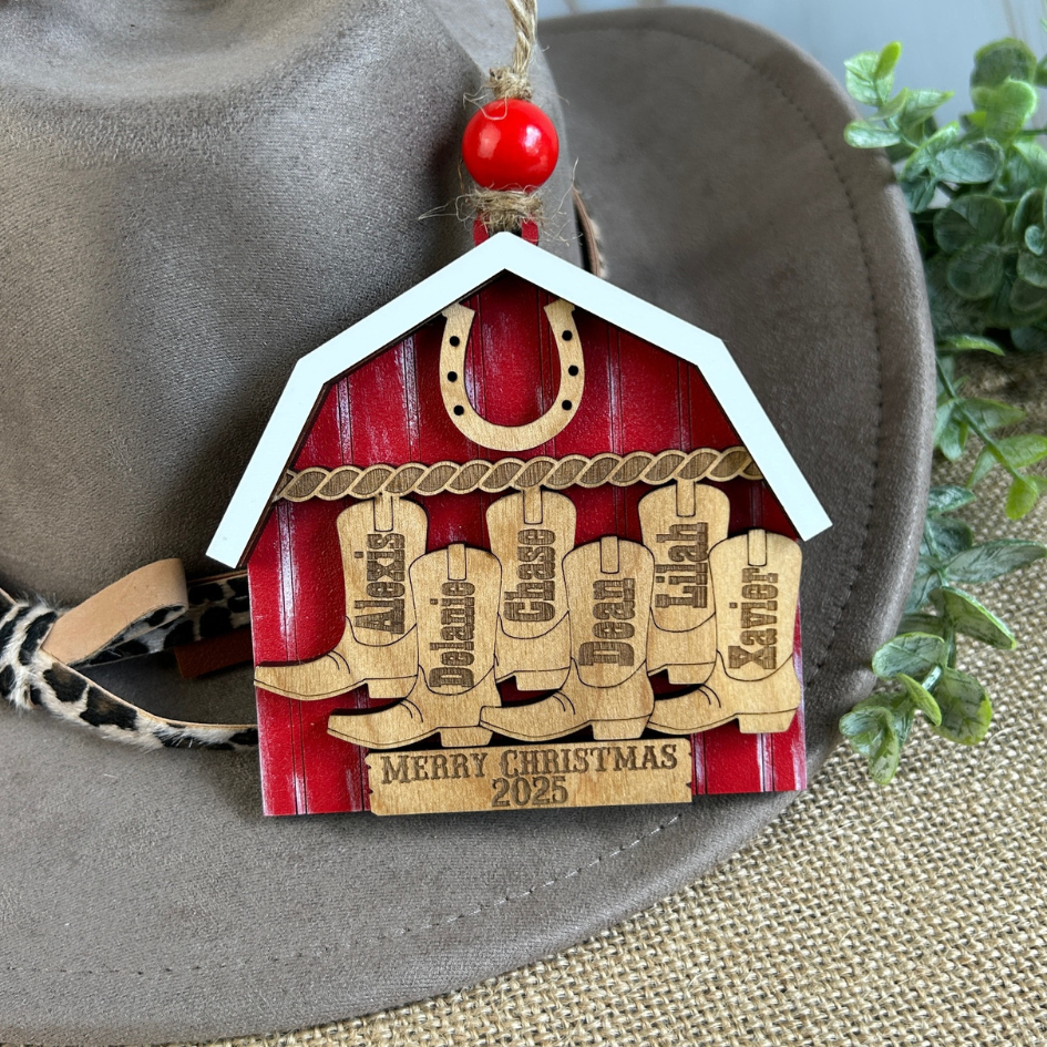 Personalized Cowboy Boot Family Barn Christmas Ornament