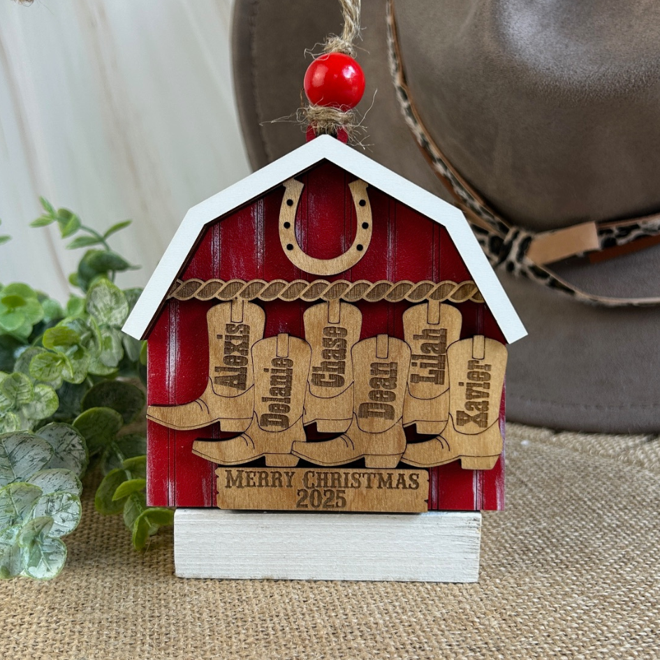 Personalized Cowboy Boot Family Barn Christmas Ornament