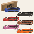 Collection of colorful folding knives with Bison River branding on a white background.