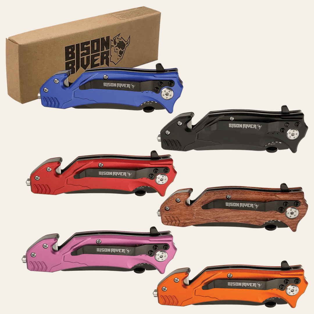 Collection of colorful folding knives with Bison River branding on a white background.