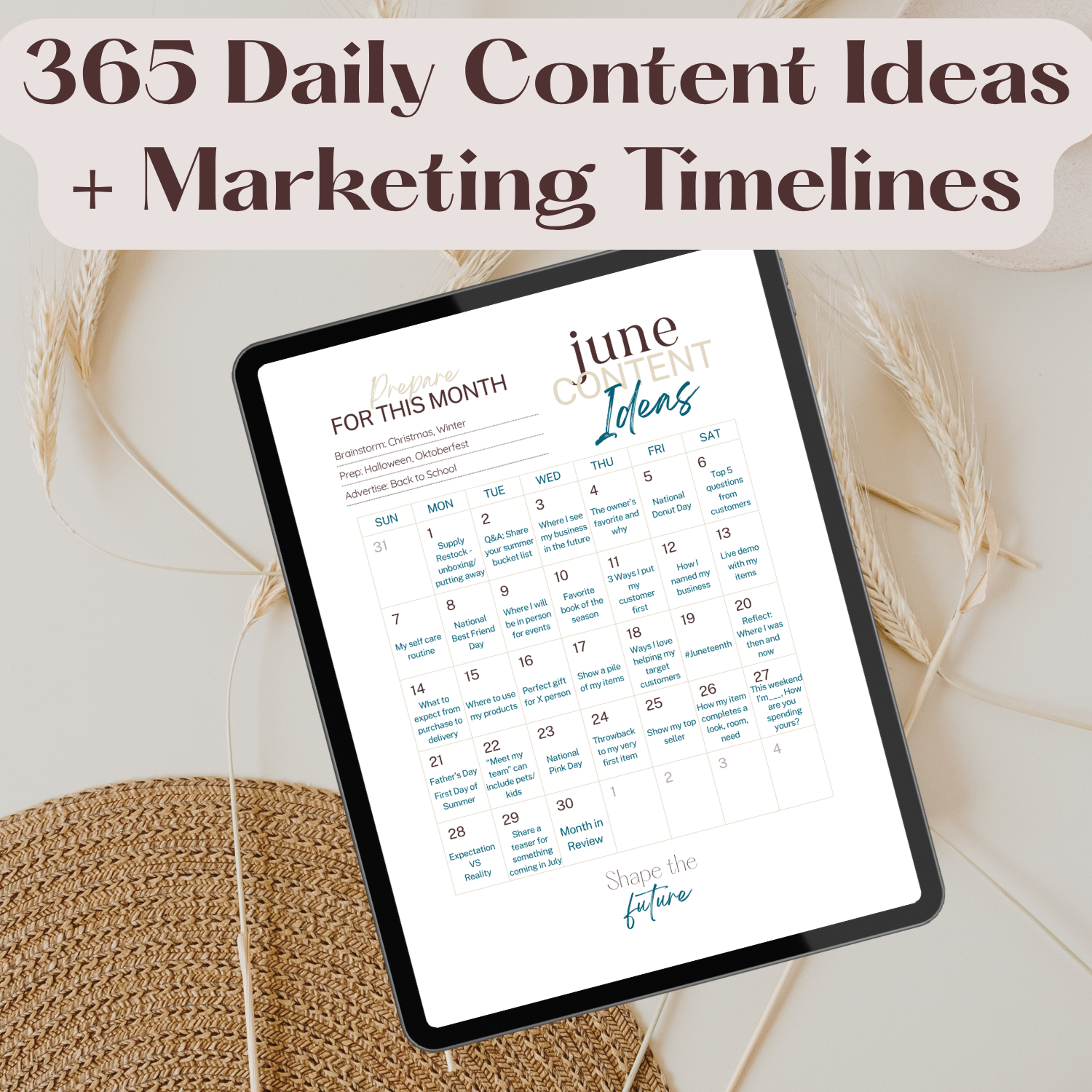Calendar with June content ideas on a tablet, surrounded by decorative elements.