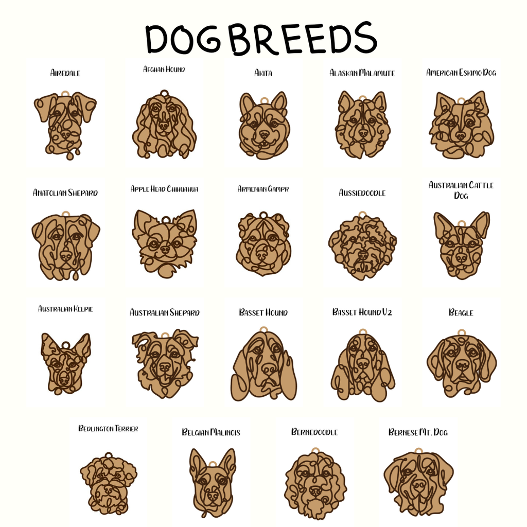 Illustrations of various dog breeds with labels on a white background