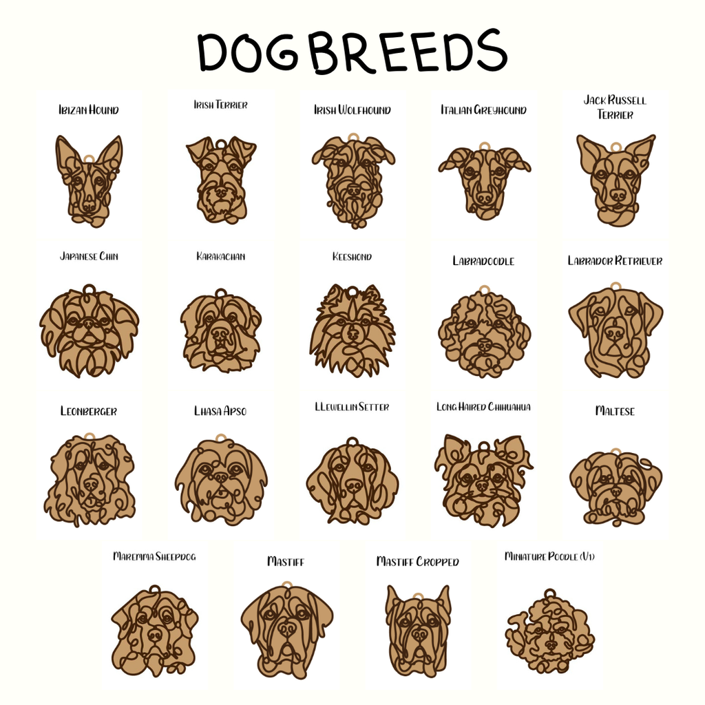 Illustrations of various dog breeds on a white background