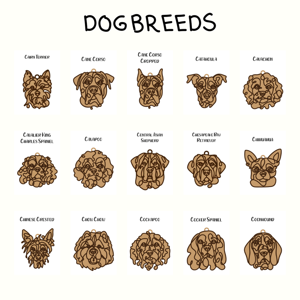 Illustrations of various dog breeds that start with a C.