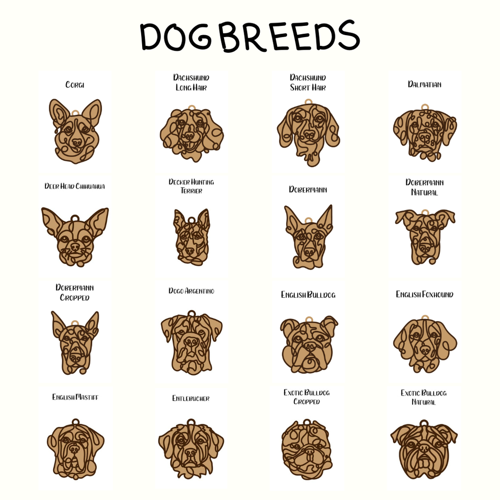 Illustrations of various dog breeds on a white background