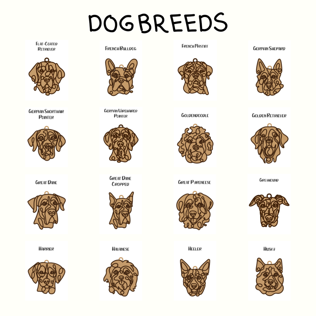 Illustrations of various dog breeds with labels on a white background