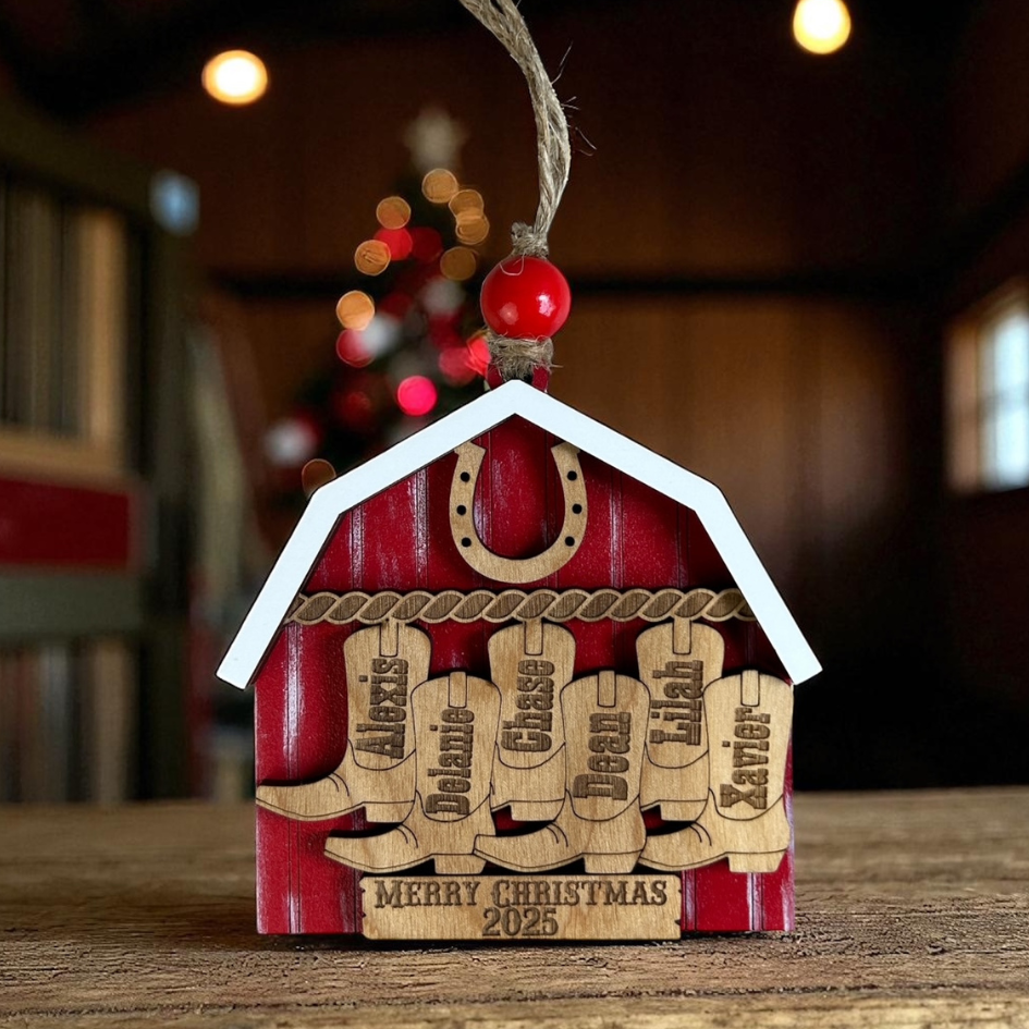 Personalized Cowboy Boot Family Barn Christmas Ornament
