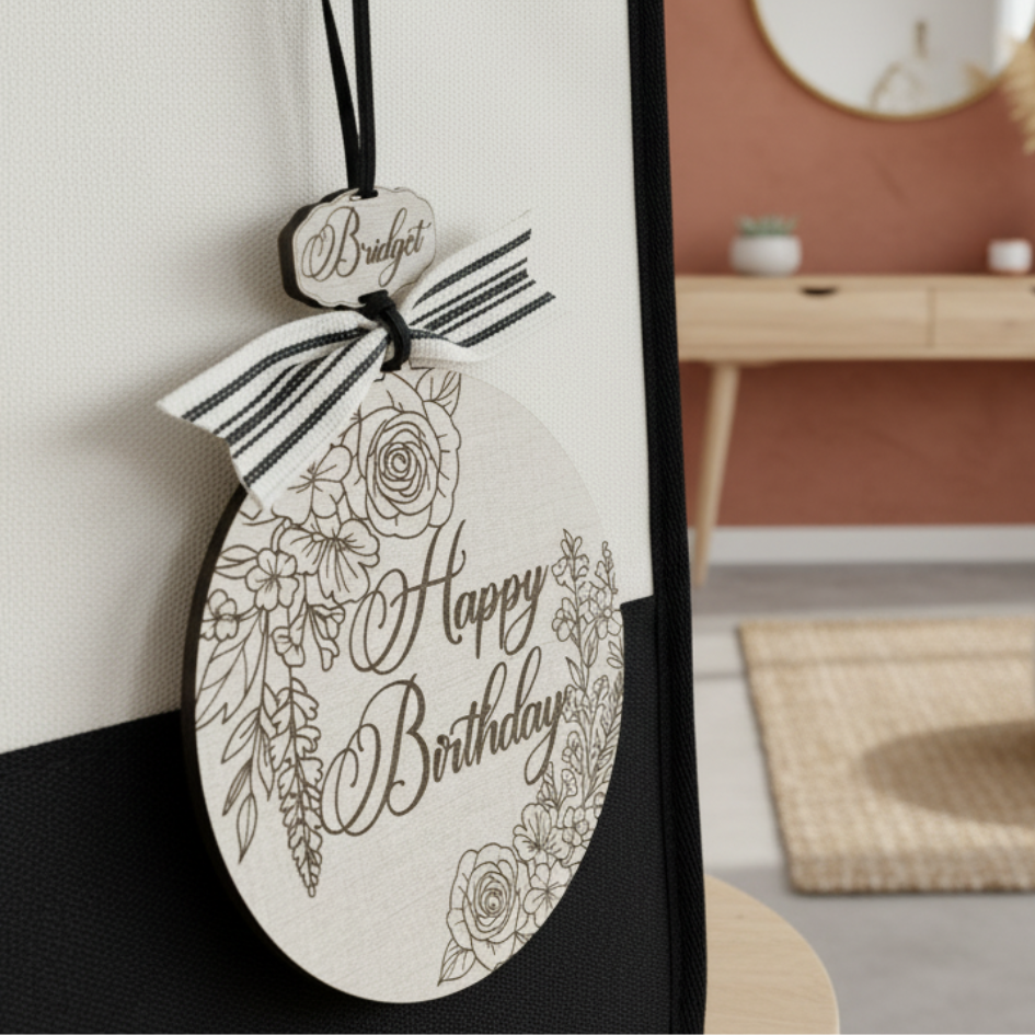 Decorative hanging ornament with 'Happy Birthday' text and floral designs, tied with a ribbon.