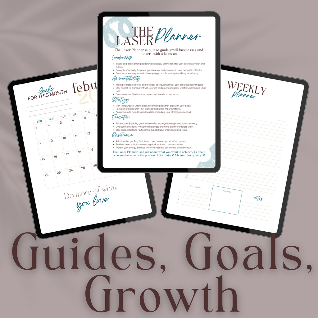 Three tablet screens displaying pages from 'The Laser Planner' with text and planning layouts.