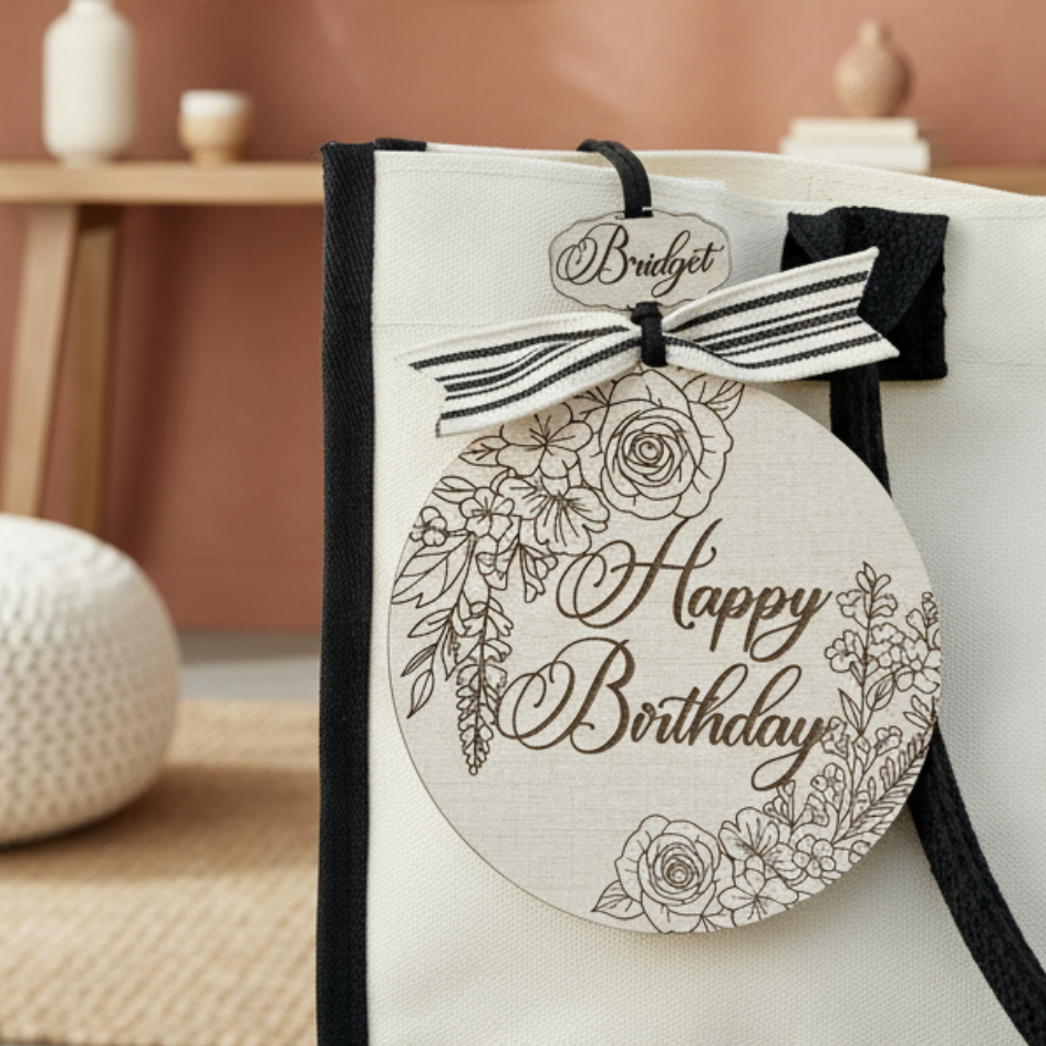White bag with 'Happy Birthday' and floral design, tied with a ribbon, on a neutral background.