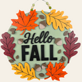 Decorative sign with autumn leaves and 'Hello Fall' text on a white background