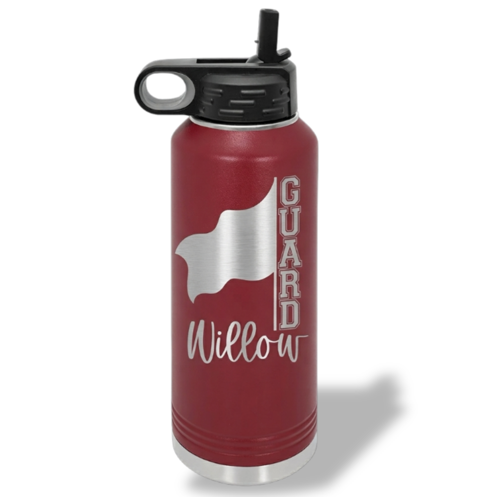 Maroon water bottle with 'Guard Willow' text and logo on a white background