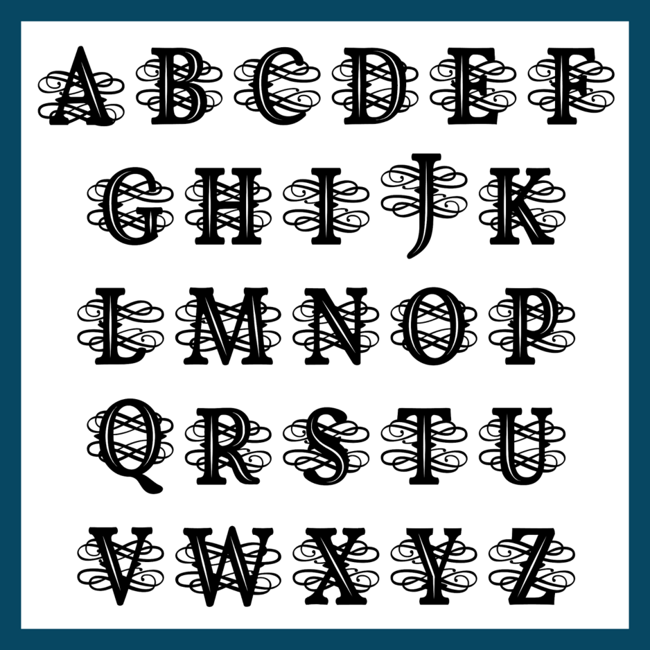 Showing an example of each monogram letter.