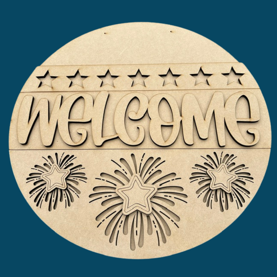 Wooden 'Welcome' sign with star designs on a blue background