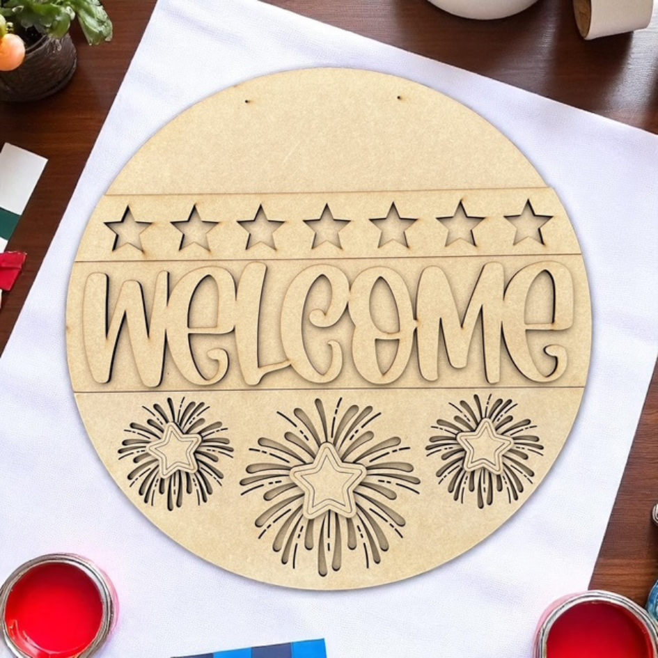 Wooden round decorative item with 'WELCOME' text and star designs on a white surface.