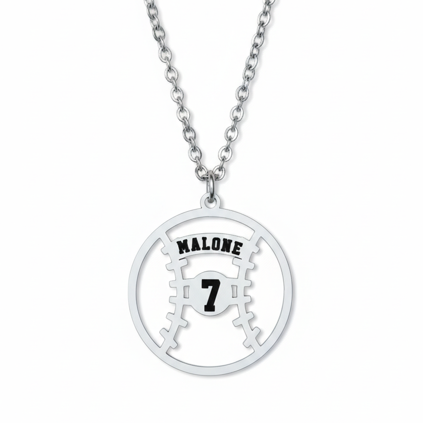 Silver necklace with a baseball pendant featuring the name 'Malone' and number '7' on a white background.