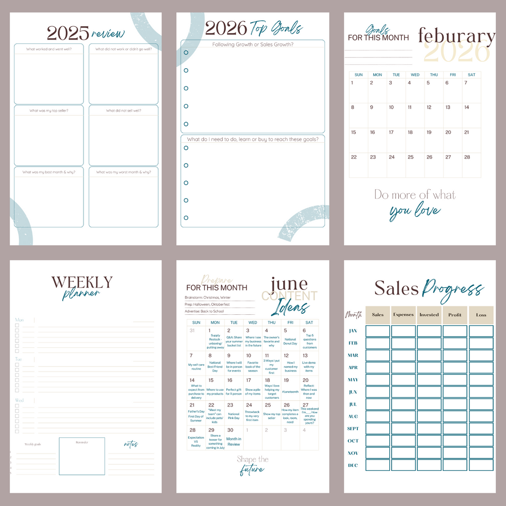 Collection of calendar and planner sheets with various templates on a white background.