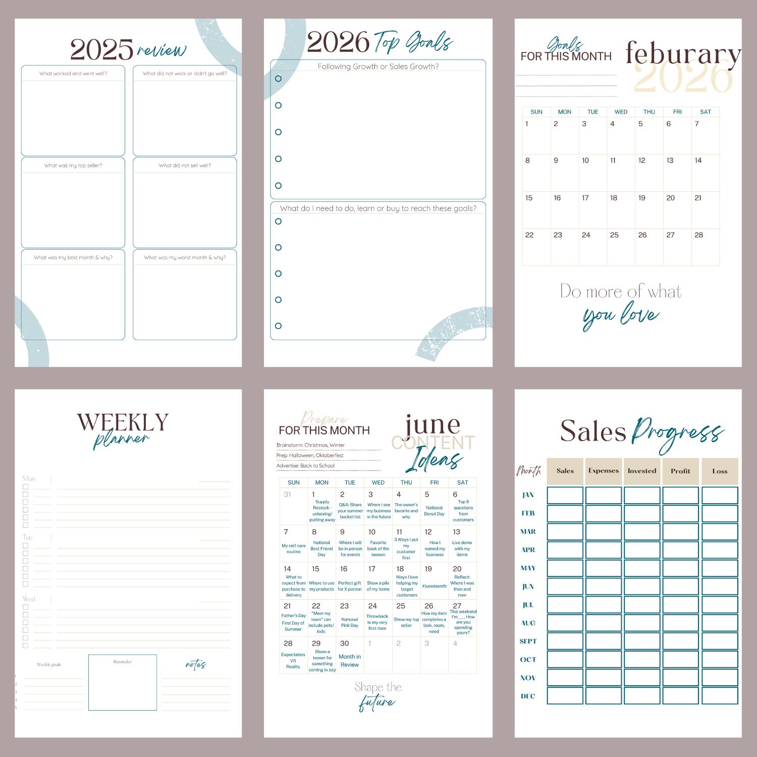 Collection of calendar and planner sheets with various templates on a white background.