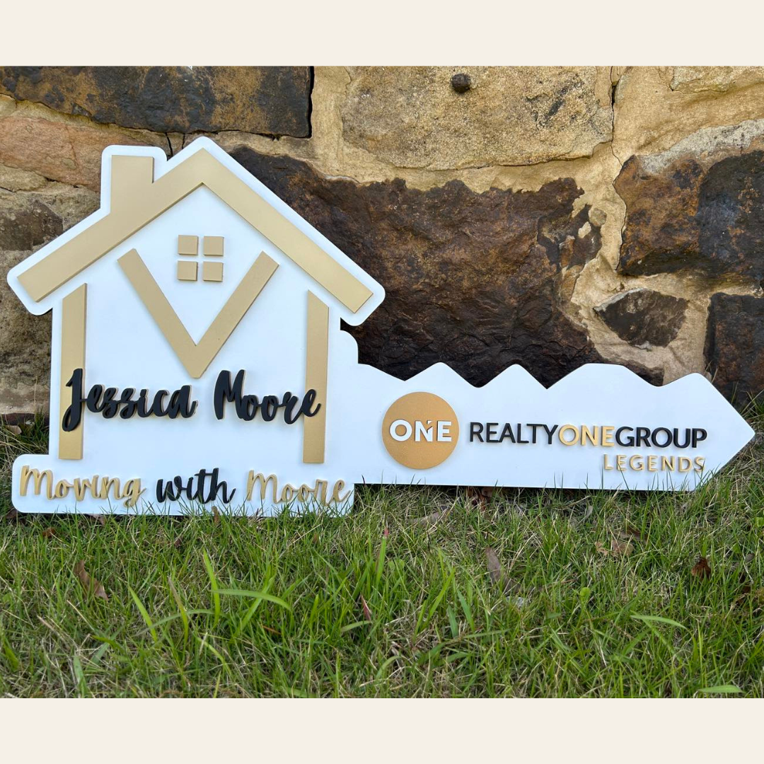 Realtor Key Sign with a white background, black and gold lettering for photo props.